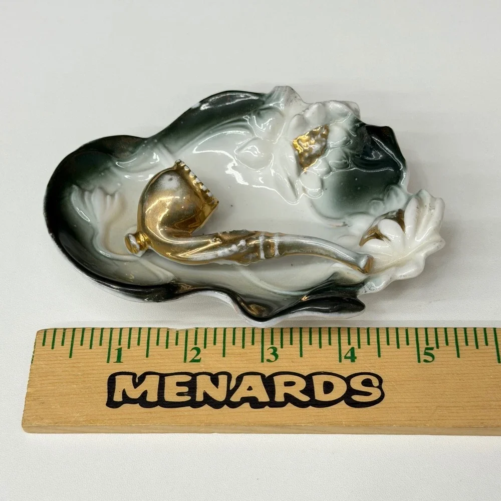 Vintage Porcelain Pipe Ashtray Trinket Dish Green Ombre Gold Gilt Figural 4.5
